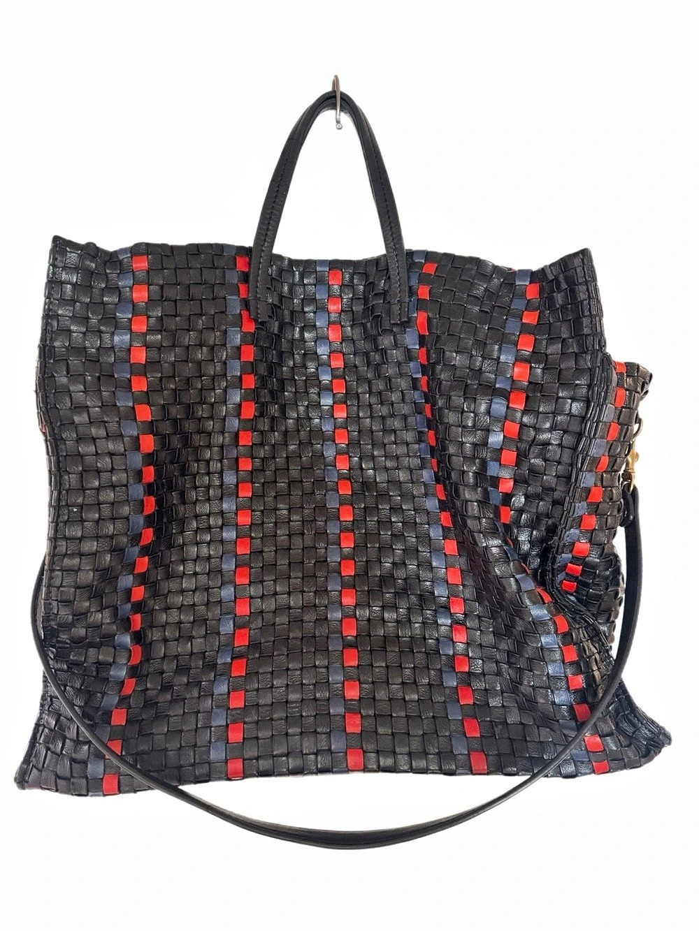 Clare V. Leather Woven Simple Tote in Black & Red & Blue